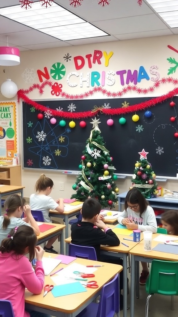 A classroom filled with DIY Christmas decorations, including paper snowflakes, garlands, and a decorated tree.